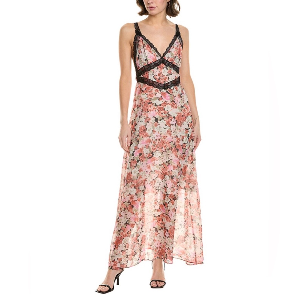 SERENETTE Pink Floral Lace Trim Maxi Dress Size 4